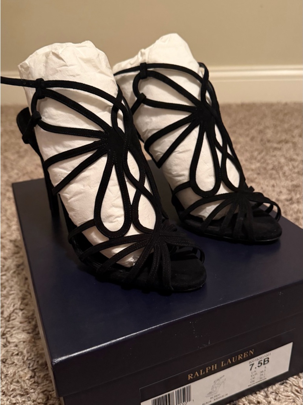 Ralph Lauren Collection Purple Label Black Suede Caged Strappy Heel 7.5